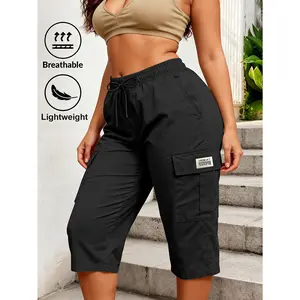 Trendy Solid Cargo Capri Pants for Women | Elastic Drawstring Waist, Flattering Slim Fit | Multi Pocket Design for Women's Clothing