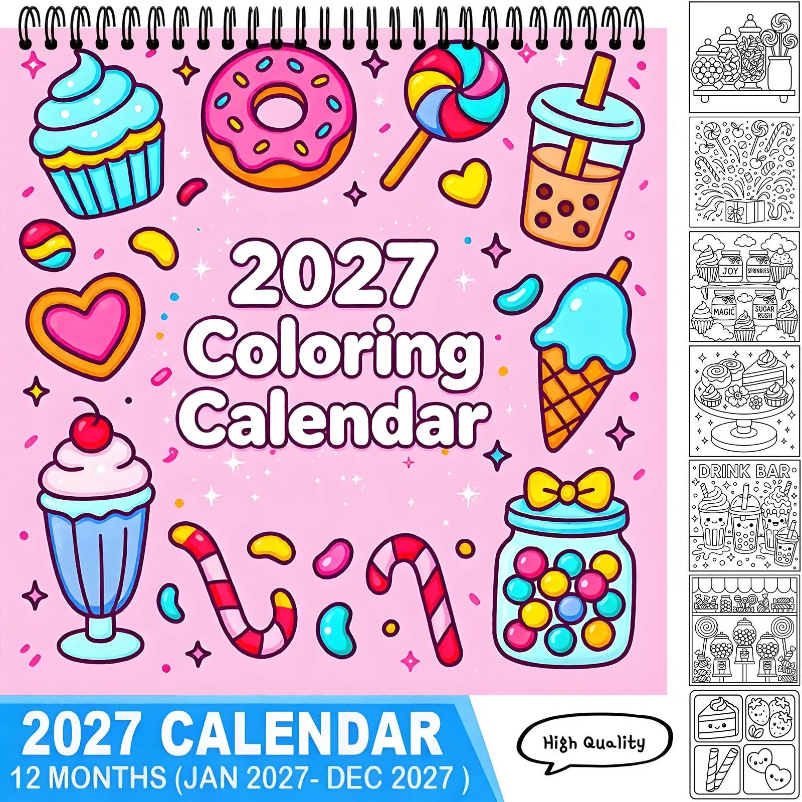 2027 Cute Sweet Candy Dessert DIY Coloring Calendar 12 Months Stress Relief Relaxing Hand-drawn Line Art Kawaii Snack Theme Art Craft Gift for Adults Kids,calendar gift,TikTokMadeMeBuyIt,coloring calendar,kids calendar,kids wall calendar