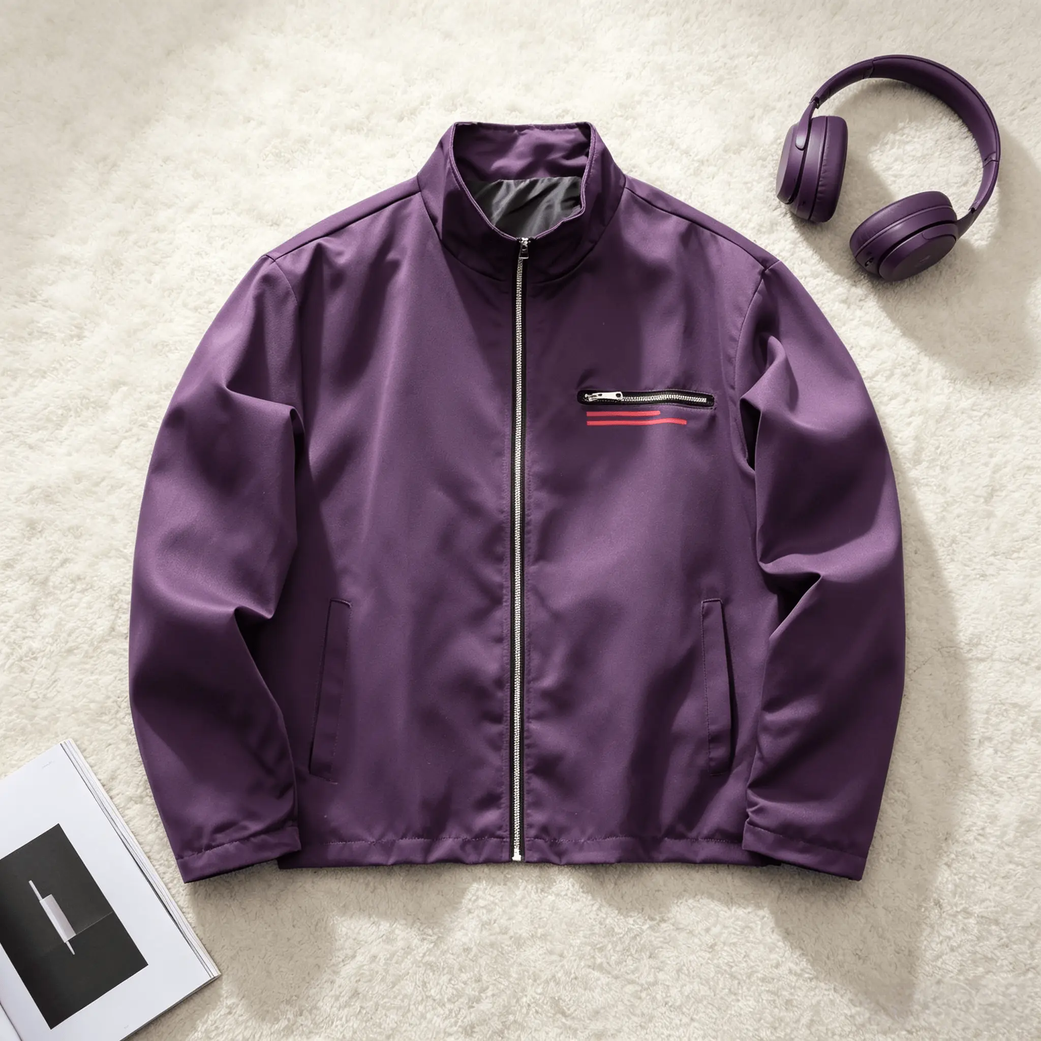 Men’s Solid Purple Stand Collar Coach Jacket, Full Zip Windproof Lightweight Loose Fit Windbreaker with Red Line Zip Chest Pocket, Wrinkle Resistant Smooth Fabric Streetwear Outerwear
