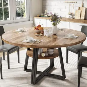 YJ-Garvee Round Dining Table, 47-47.2 inches, seats 4-6, with Storage and Sturdy Metal Legs, Space-Saving Circular Design Ideal for Kitchen, Dining Room, Living Room, Meeting Room, Apartment, Farmhouse Style