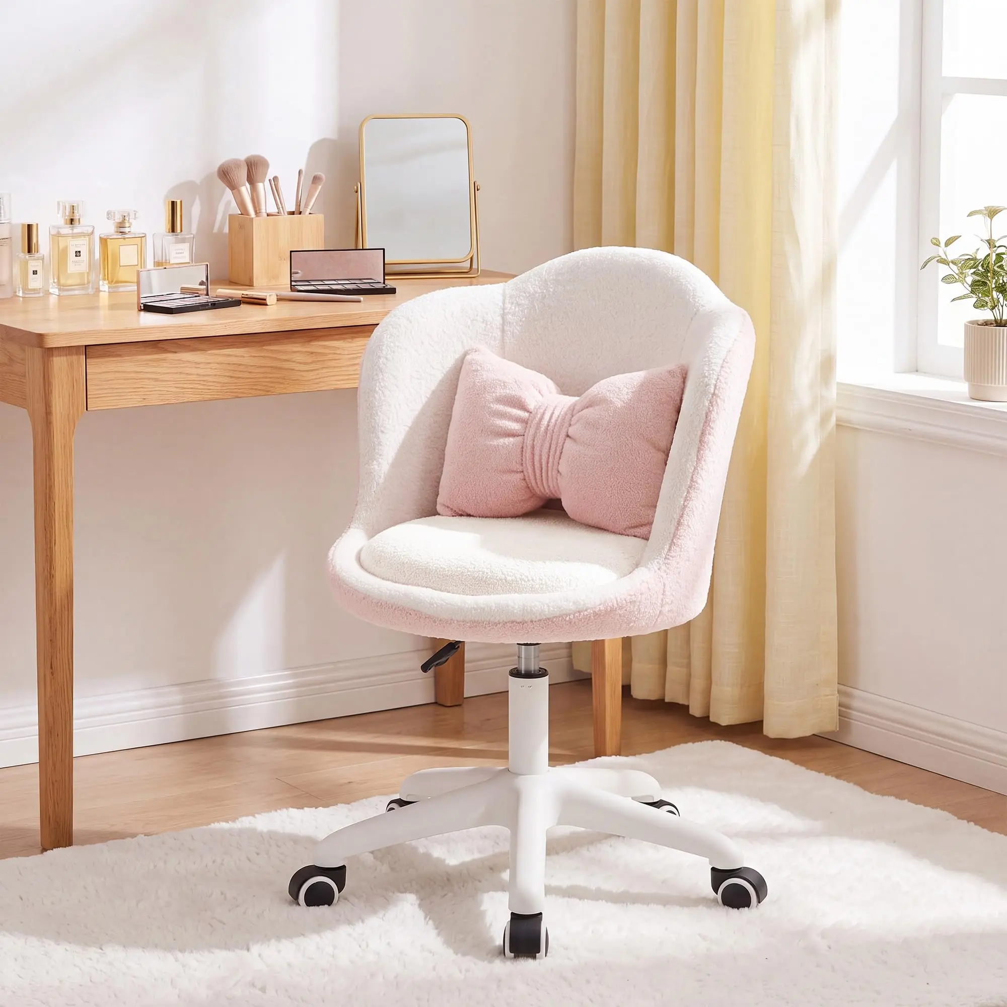 Petal Vanity Chair with Wheels – Cute Desk Chair for Bedroom, Home Office & Dorm, Height Adjustable Upholstered Armless Swivel Chair with Pillow
