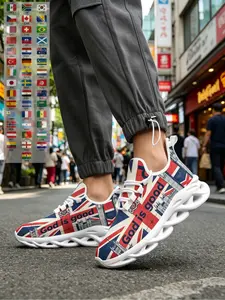 1 Pair Unisex Lightweight Thick Sole Cushion Sneakers, British Style Union Jack Print, Red White Blue Color Block Casual Sports Shoes