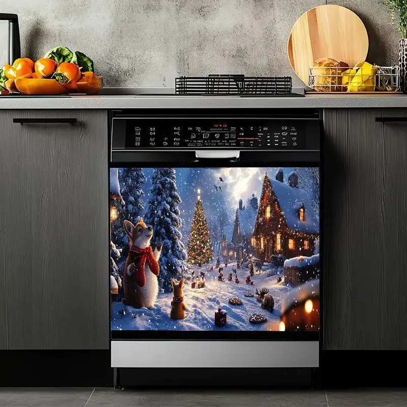 2D Flat 2Pcs Christmas Dishwasher Cover Stickers Winter Snow Scene Forest Animals Decor Waterproof Removable Magnetic Decal for Kitchen Appliances Fridge Cabinet Freezer Door Holiday Home Decoration Sticker