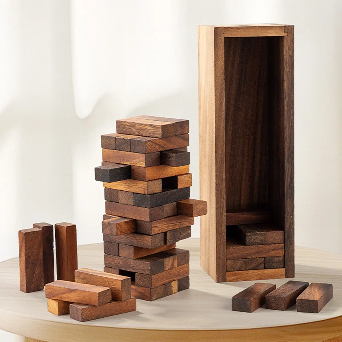 Natural Hardwood Stacking Blocks with Storage Box, Classic Table Game, Interactive Fun for Family Gatherings and Bar Nights