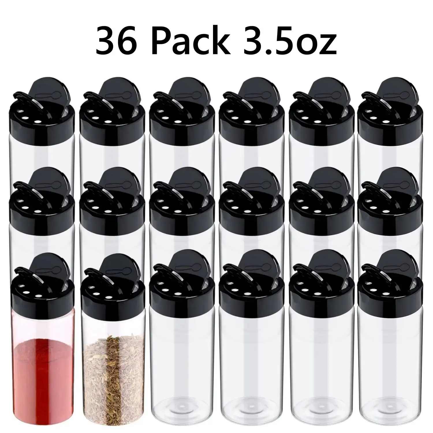 36-Pack Smooth Transparent Lightweight Plastic Spice Jars, 3.5 oz Seasoning Canisters with Black Shaker Lids for Powder Storing, Kitchen Gadgets with 5 Sheet Labels (Even Dispensing Holes)