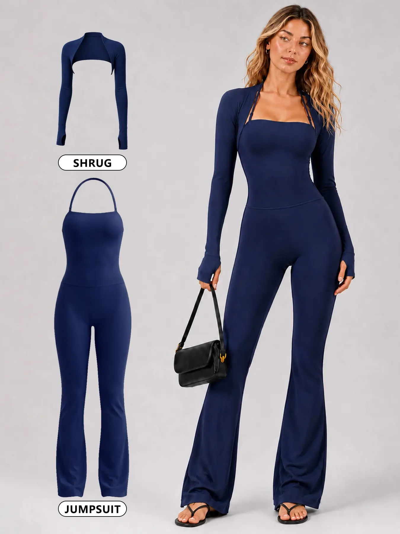 Women’s 2 Piece Jumpsuit and Shrug Set, Solid Color Backless Flare Leg One Piece Bodysuit, Adjustable Spaghetti Straps, Buttery Soft 4 Way Stretch Shaping Loungewear, Travel Vacation Casual Outfit