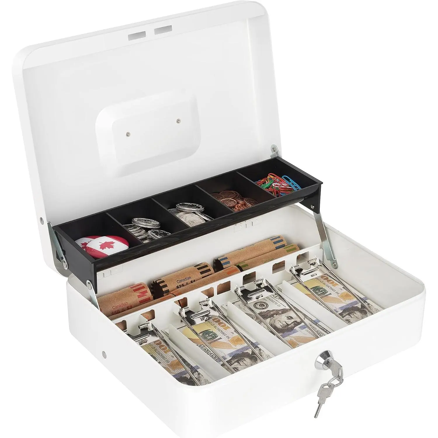 Box with Lock and  Tray  Box for , Metal Lock Box for   Register - 11.8" x 9.4" x 3.54" White