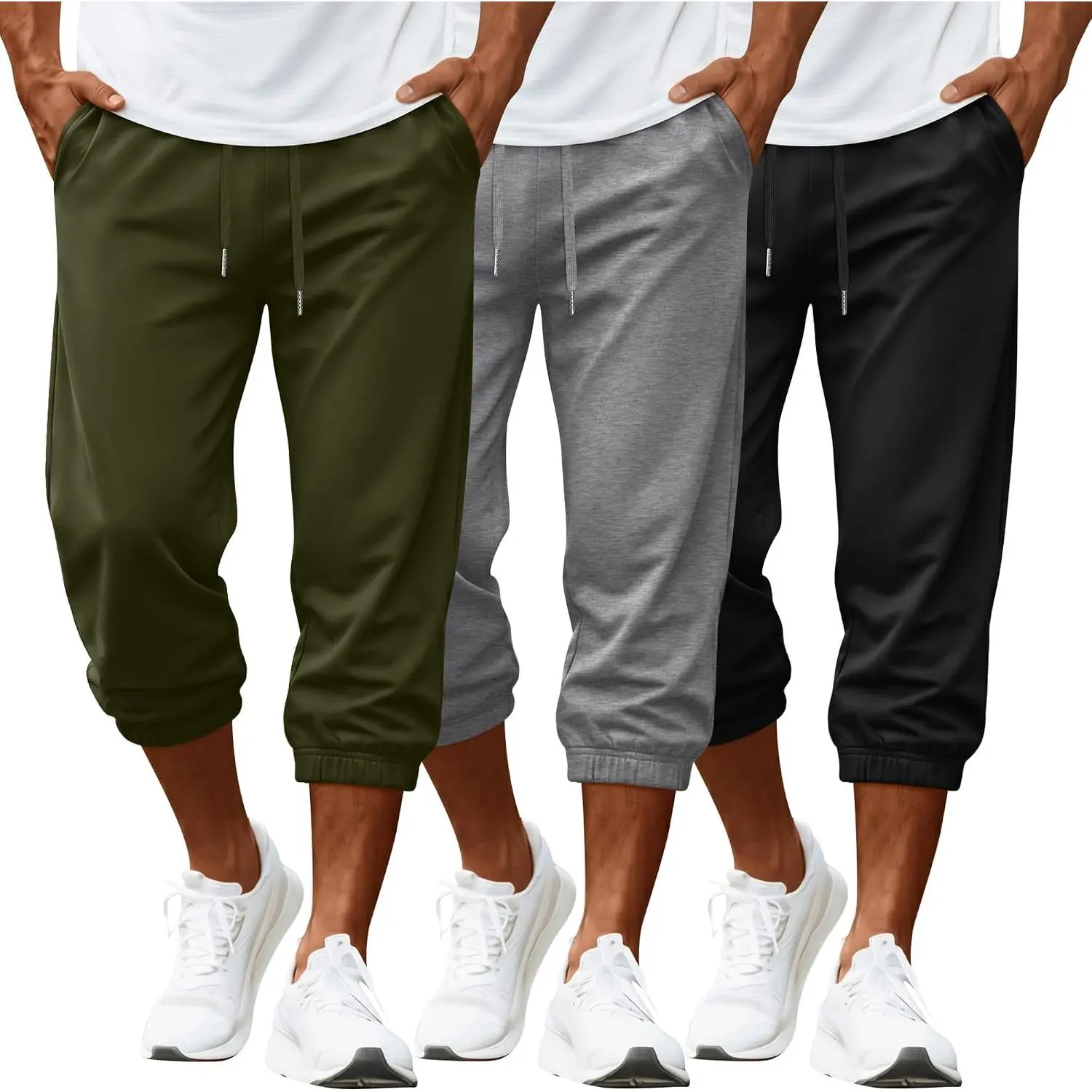 3 Pack Mens Capri Pants 3/4 Joggers, 3-Color, Large