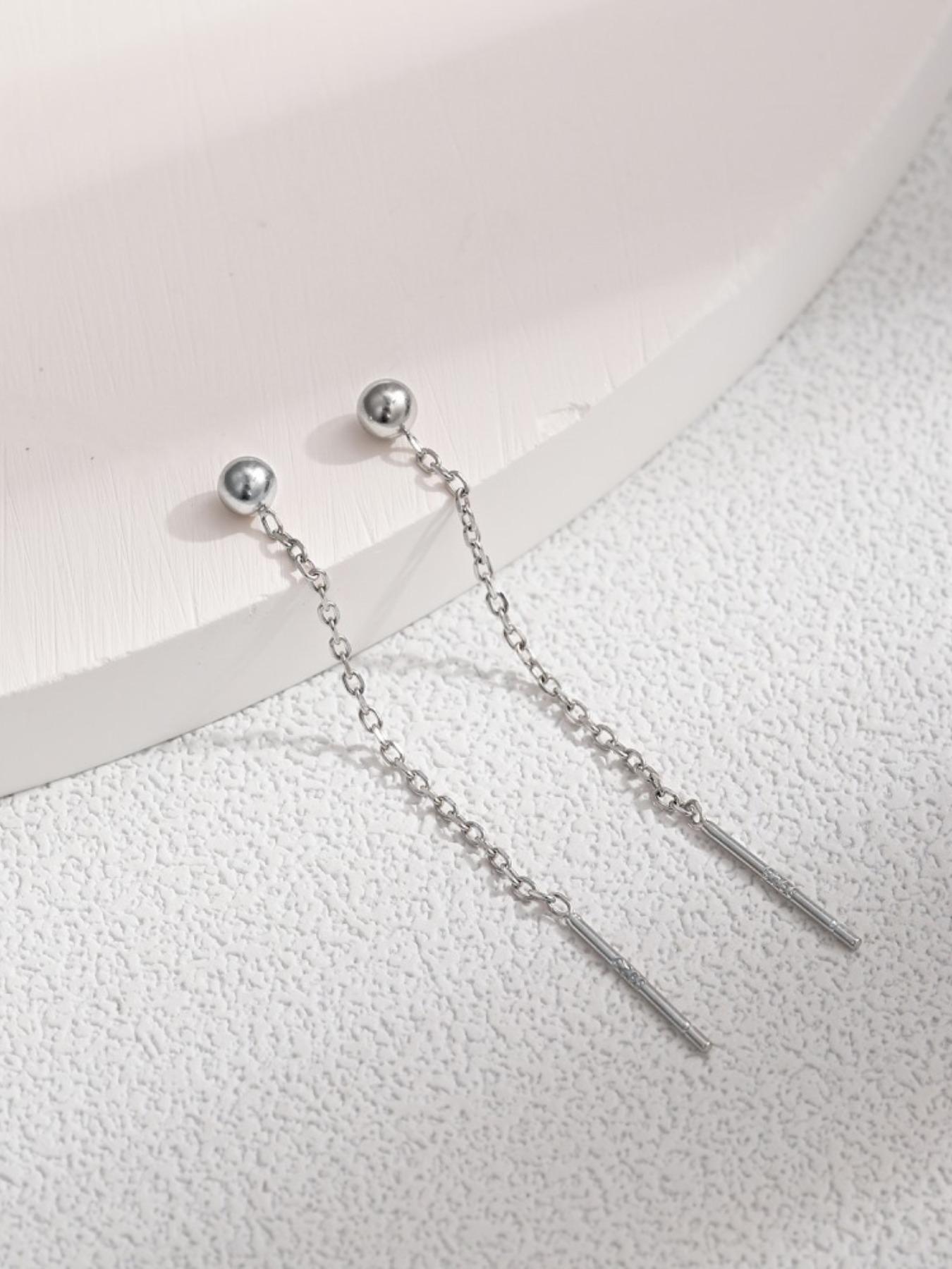 S999 Sterling Silver Round Bead Design Threader Earrings, Minimalist Line Earrings for Women, Trendy All-match & Exquisite Jewelry for Birthday Gift