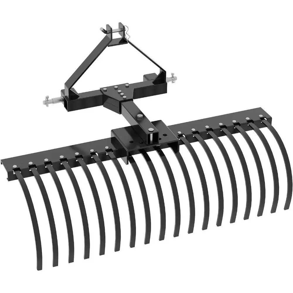 50 Inch Heavy Duty Tow-Behind Tractor Landscape Rake, 18 Heat-Treated Steel Tines with 360 Degree Adjustable Angle, Category 1 3-Point Hitch, Dethatcher for Leveling Soil, Clearing Hay, Garden Tool