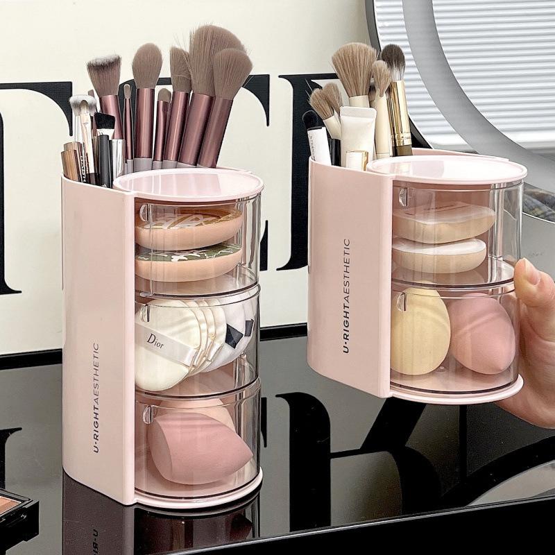 360° Rotating Makeup Storage Box with Transparent Drawers and Brush Holder - Automatic Rotating Acrylic Makeup Organizer, Large Capacity Skincare Organizer with Compartments