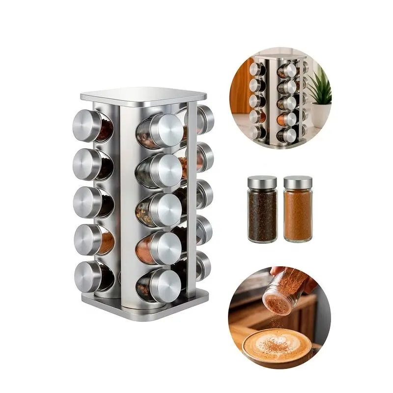 360° Rotating Square Stainless Steel Spice Rack, 20 Glass Jars, Compact Kitchen Storage, Non-Slip Base, Modern Design