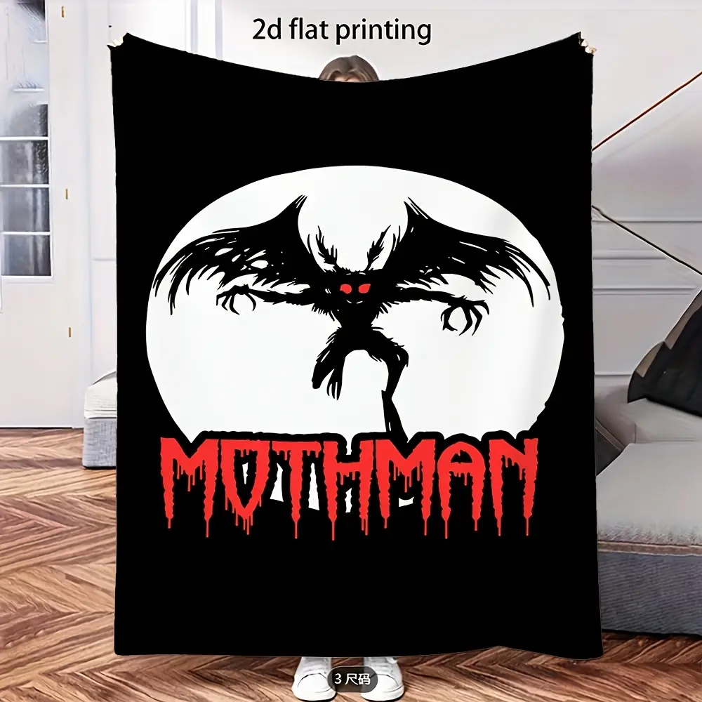 Mothman White Full Moon Silhouette Black Background Flannel Throw Blanket Cryptid Urban Legend Horror Warm Blanket Gift Fans All Ages