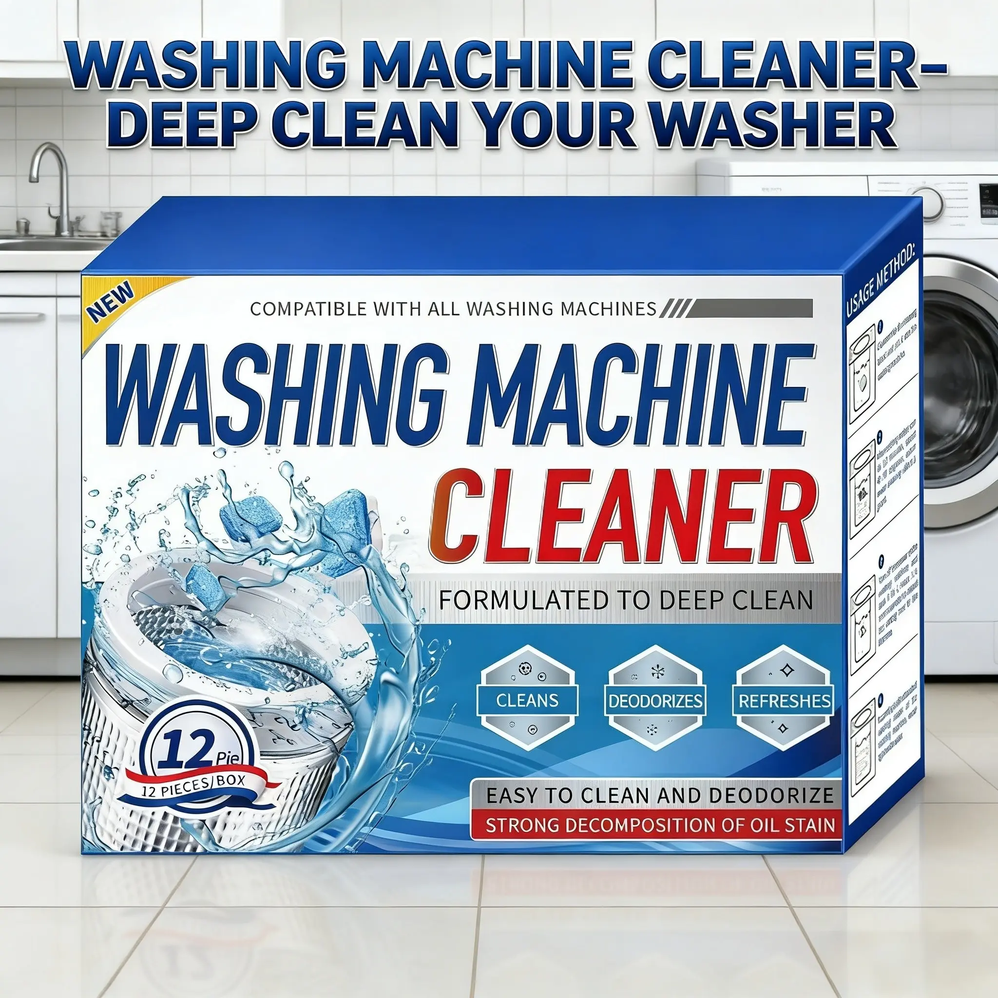 Washing machine cleaning tablets 12-pack/24-pack, suitable for front-load, top-load, and washing machines, helps remove, limescale, and dirt that cause odors, deep cleans the drum, pump, valves, and hoses, septic tanks. Safe and reliable.