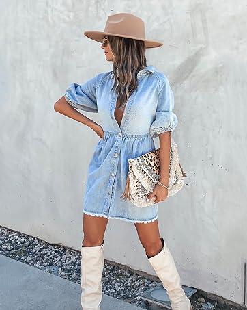 FMEYOA Womens Summer Denim Dress Button Down Short Sleeve Babydoll Dress Puff Sleeve Flowy Jean Dress
