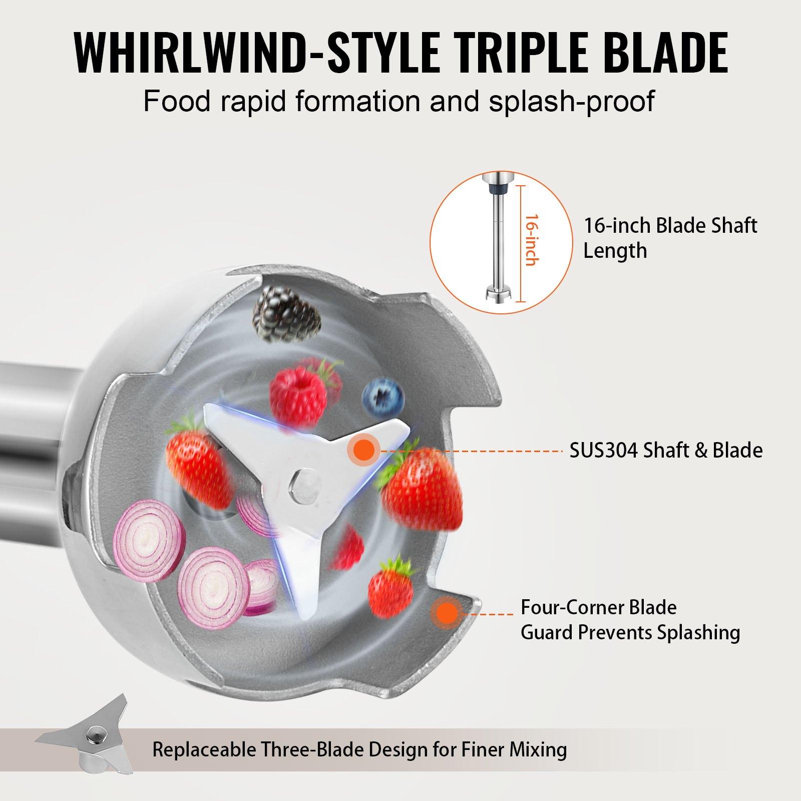 VEVOR Commercial Immersion Blender, 500W Heavy Duty Hand Mixer, 16 inch Stepless Variable Speed Mixer with Stainless Steel Blade, Multi-Purpose Portable Mixer for Soup, Sauces, Mashed Potatoes, Cream