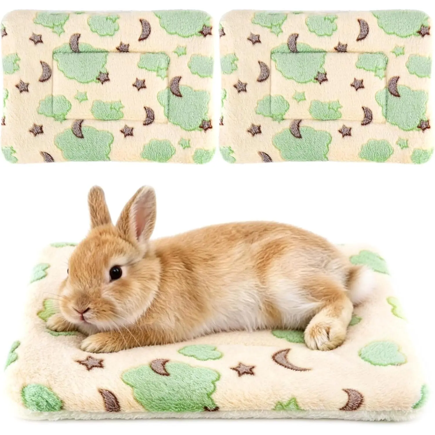 2 count Bunny Bed, Washable  Bed, Double-Sided Fleece Sleeping Pad for Guinea Pig,  , Chinchilla, Ferret, Hamster, Warm Small  Cage Mat, 13x10in, Yellow  & Moon
