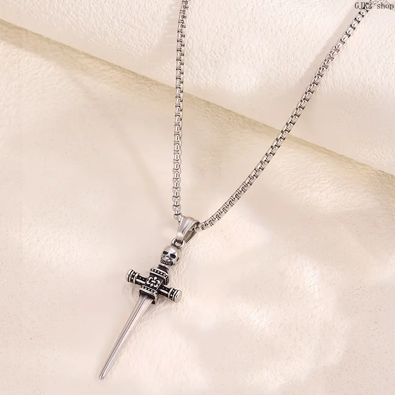 Silver Tone Skull Sword Dagger Pendant Necklace, Stainless Steel Box Chain Vintage Gothic Cross Sword Punk Jewelry for Men
