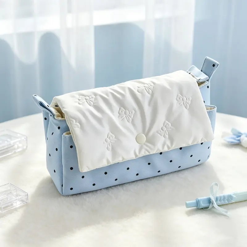1 piece of sky blue butterfly polka dot flip-top pencil case in cream style, large capacity for easy storage and carrying, suitable for children, students, and office organization, can be DIY converted into a makeup bag or handbag