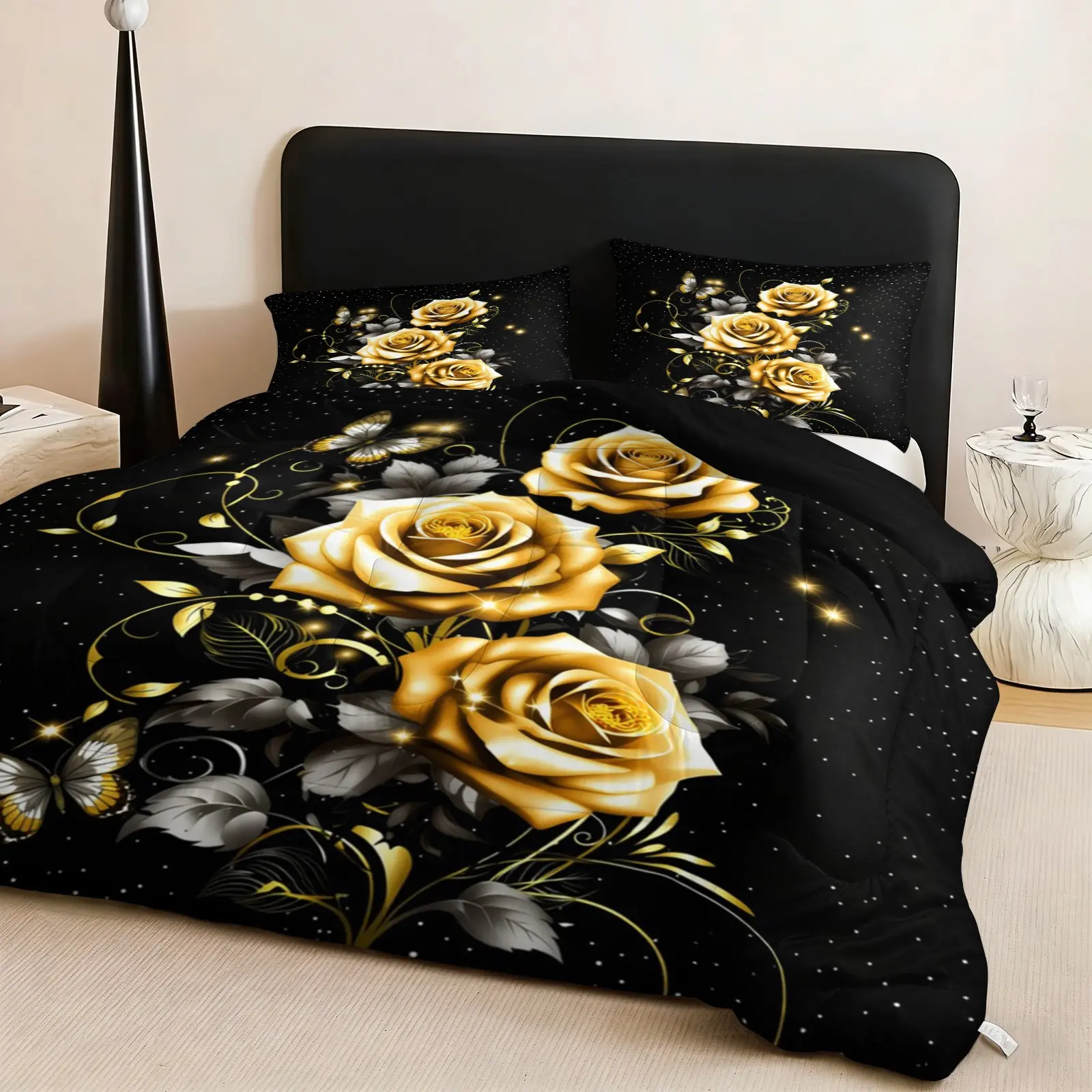 3 PCS Black Gold Rose Butterfly Embroidered U-shaped Quilted Bedding Set (1 quilt + 2 pillowcases, without pillow core), with quilt filling of 200gsm, soft and breathable, suitable for bedroom, dormitory and home decoration, multiple size options
