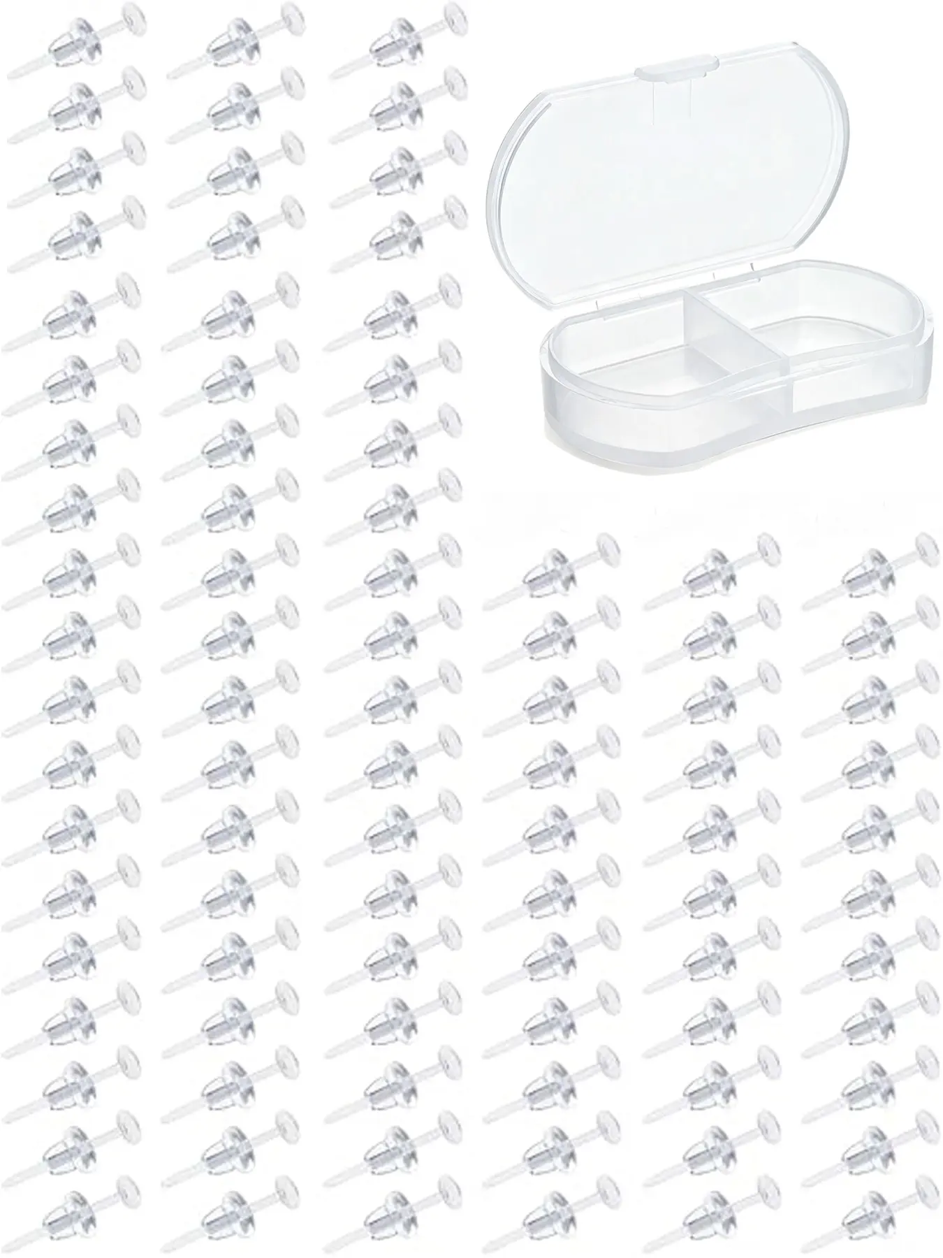 90Pcs Clear Flat Head Plastic Stud Earrings, Invisible Transparent Earring Posts with Rubber Bullet Earring Backs, Earlobe Piercing Retainers with Divided Storage Box for Work Sports Back to School