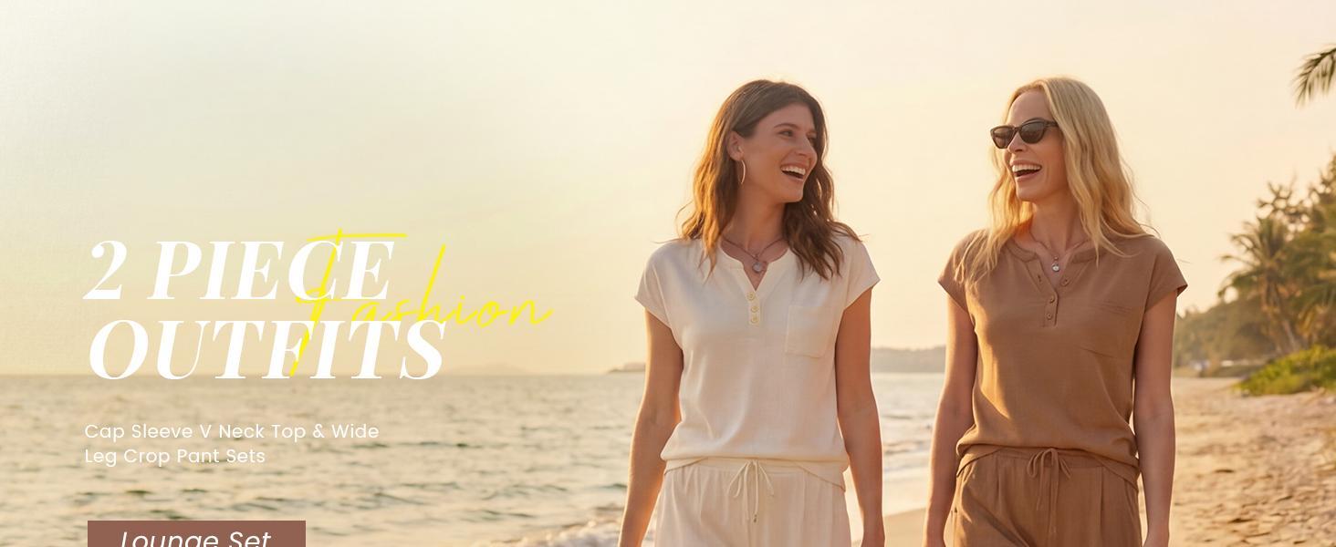 Women's 2 Piece Pant Sets Casual Travel Outfits Summer Cap Sleeve Top Wide Leg Crop Pants Matching Set