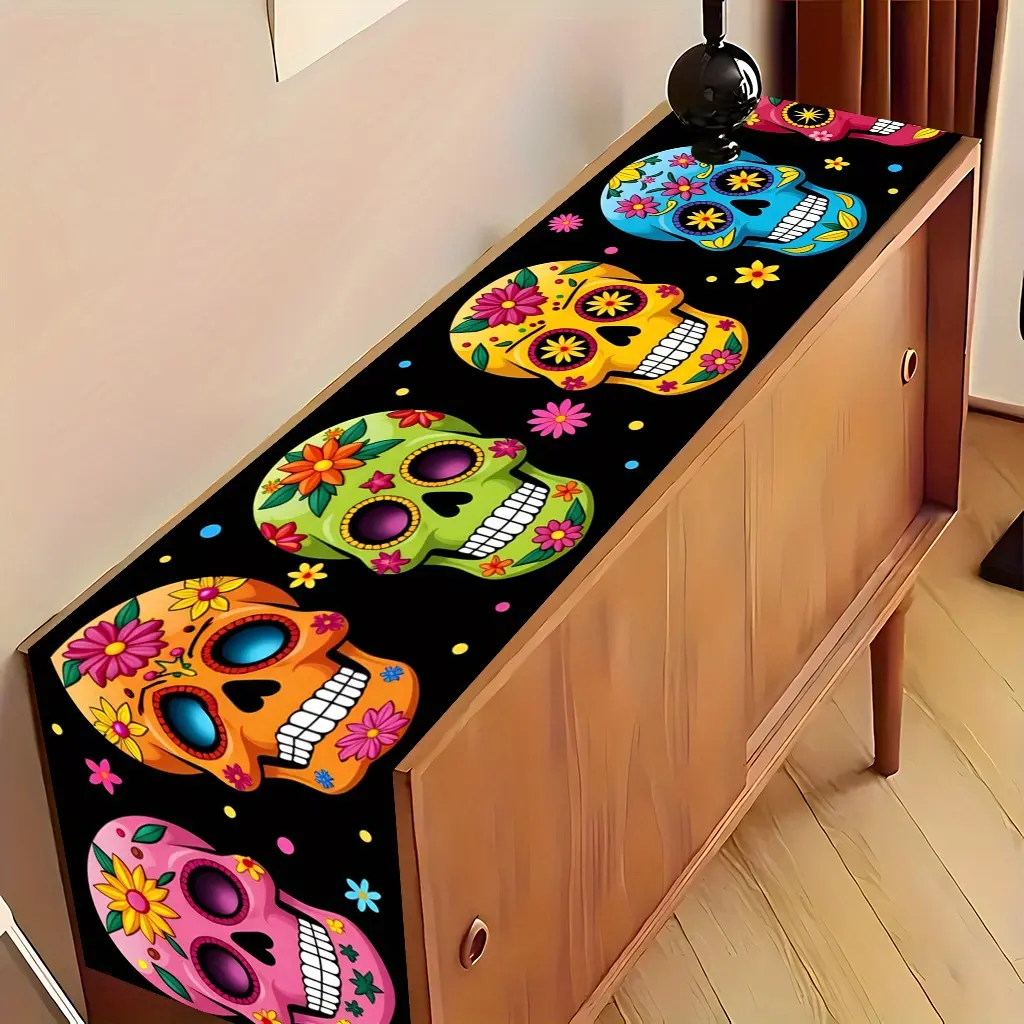 1 piece of 2D flat printing, a group of colored sugar skulls on a black background, printed table flag, Decoration, for decorative polyester rectangular tablecloth for indoor/outdoor use, very suitable for kitchens, banquets, party gifts