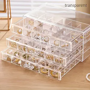 Modern 3-layer plastic jewelry storage box with 72 compartments, multi-purpose desktop organizer for storing earrings, rings, necklaces, beads, and small accessories - rectangular, with easy-access drawers, jewelry box