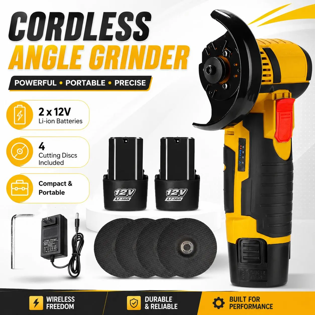 12V Cordless Mini Brushless Angle Grinding Machine Kit - Cordless Power Tool with 4 Cutting Blades, 2 x 12V 1300mAh Batteries, Heavy-Duty Handle for Cutting, Grinding, Ideal Father's Day Gift, Ideal Gift
