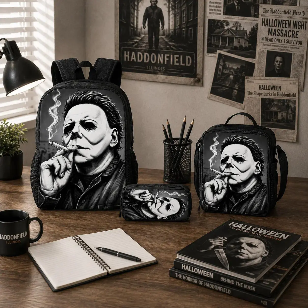 3Pcs Chic Halloween Myers Backpack Set - Iconic Print, Horror Vibes, Large Capacity, Lightweight Adjustable Harness Backpacks, Lunch Bag & Pencil Case, Perfect Gift for Horror Movie Fan Teens Back to School
