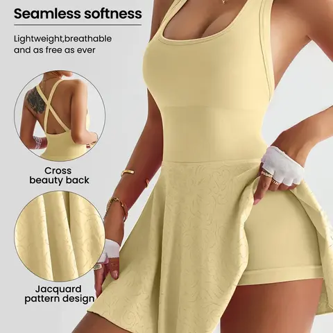 Women's Plain Square Neck Sports Dress, Fitness Workout Dress, Workout Exercise Dress, Golf Athletic Dress, Active Dress, Sleeveless Dress with Built-In Shorts for Tennis and Running, Ladies Sportswear for Indoor and Outdoor Wear, Workout Dresses