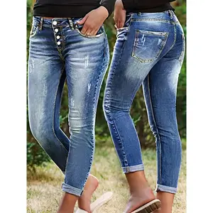 Plus Size Women's High Waist High Elastic Blue Distressed Denim Skinny Pants - Front Row Buttons, Rolled Hem, Retro Casual Oversized Comfort Trousers