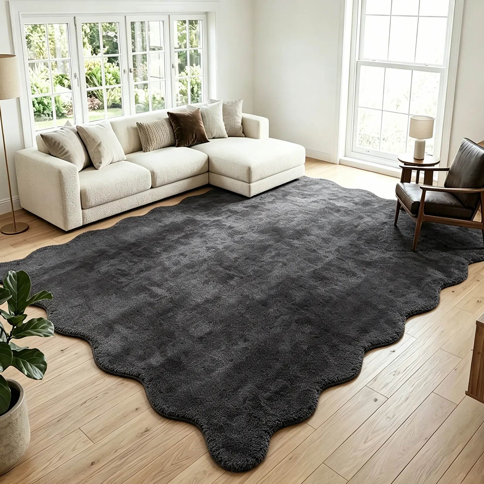 Washable Scalloped Solid Living Room Rugs, Soft Non Slip Fluffy Bedroom Nursery Rug, Indoor Modern Large Stain Resistant Area Rug for Dining Room Playroom Home Decor Carpet