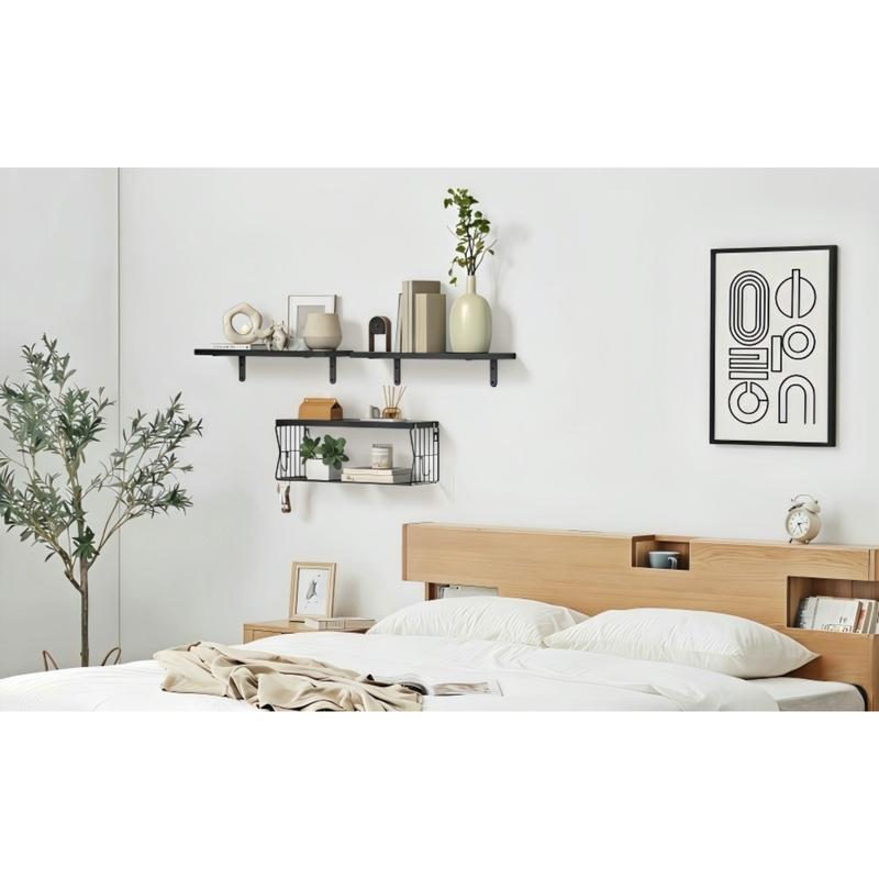 Floating Bathroom Shelves Wall Mounted, Set of 3 Wooden Shelves with Metal Basket, Over Toilet Storage Organizer for Bathroom, Apartment, RV, Powder Room, Black