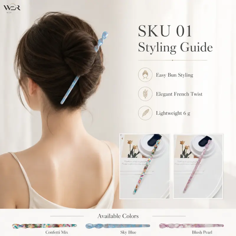 Long Length Acetate Hair Stick for Women, Twisted Chopstick Style Hair Pin in Confetti, Tortoise & Marble - Glamorous & Lightweight for Casual Wear, Twisted Shape, Adds Charm, Blush Pearl, Acetate Stick, Confetti Mix, Soft Femininity, Colorful Hair Pins