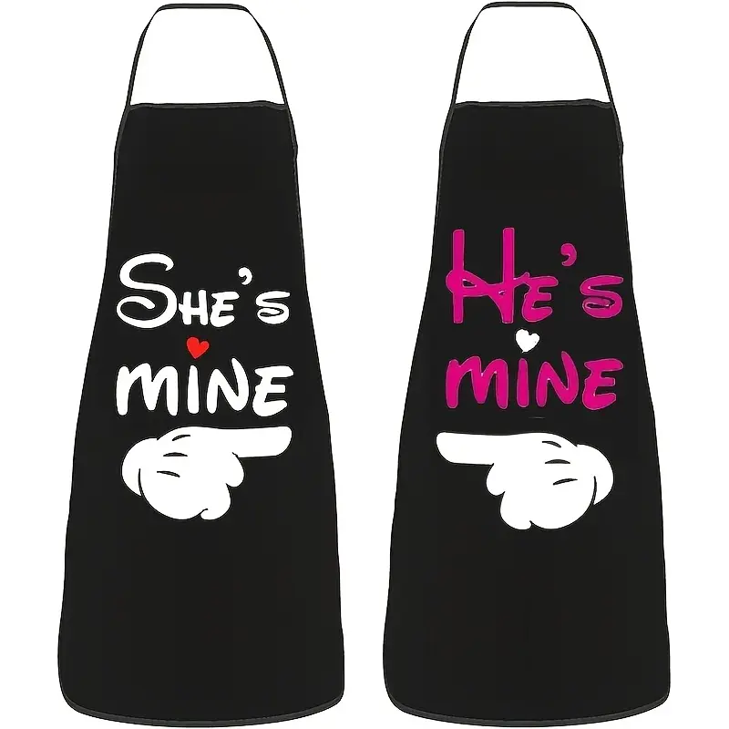 2pcs Couple Matching Aprons "He's Mine/She's Mine" - Funny Husband & Wife Aprons, Kitchen BBQ Party Outfits, Wedding Valentine's Gift for, Anniversary Party Decorations Suitable for Wedding Season & Parties