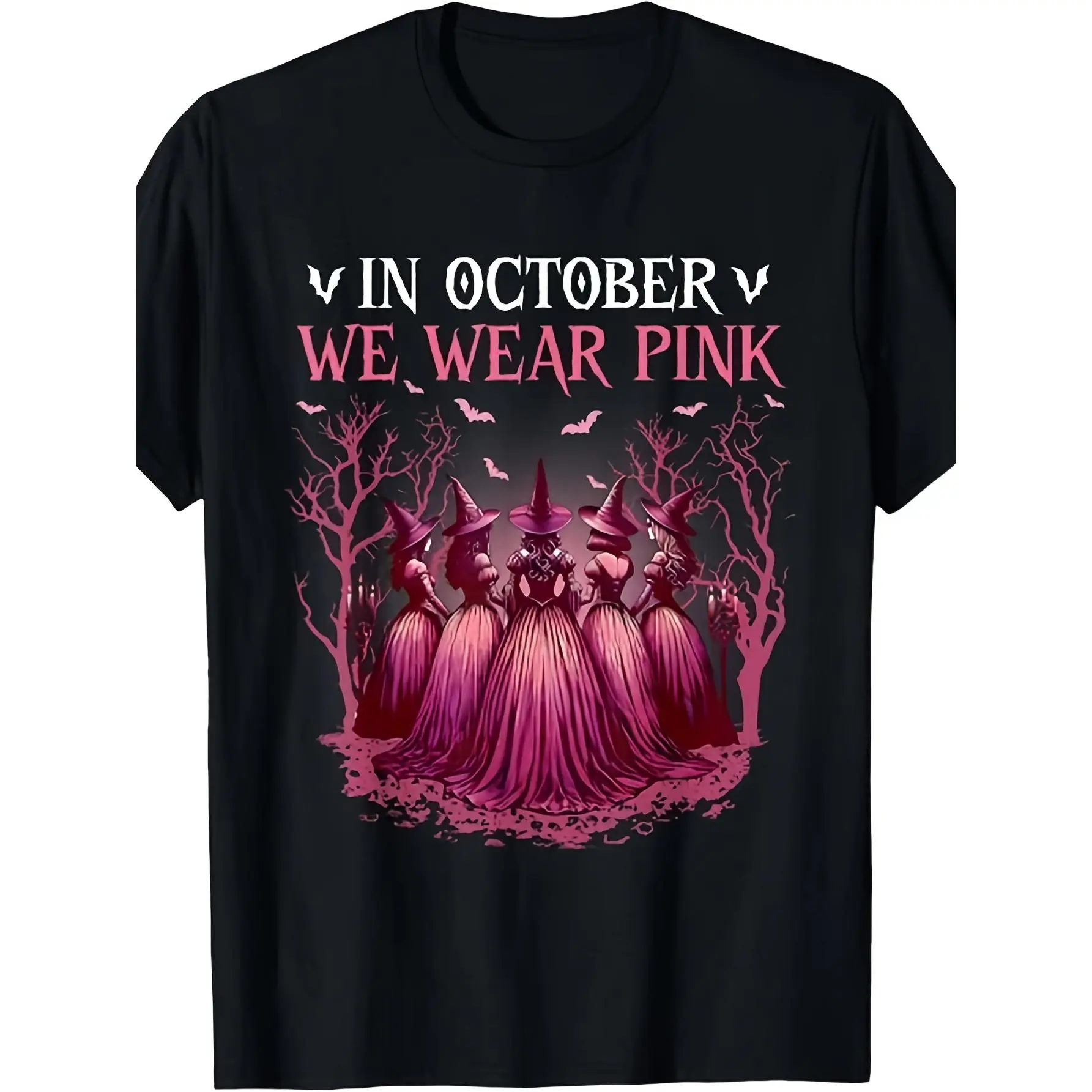 In October We Wear Pink Witch Halloween Breast Cancer Unisex T-Shirtsame Style for Men And Womensummer Short-Sleeved Printed T-Shirt Pure