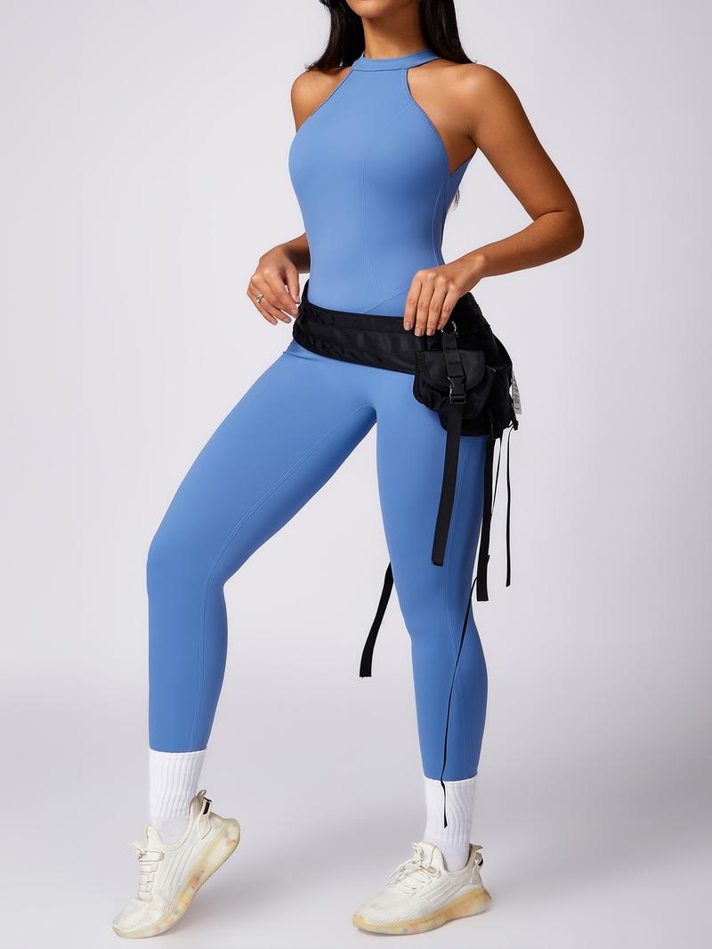 Women's Solid Ruched Cut Out Backless Halter Sports Jumpsuit, High Stretch Seamless Quick Drying Breathable Comfortable Sports Jumpsuit for Yoga Gym Workout, Ladies Sportswear for All Seasons, Workout Gym Clothing