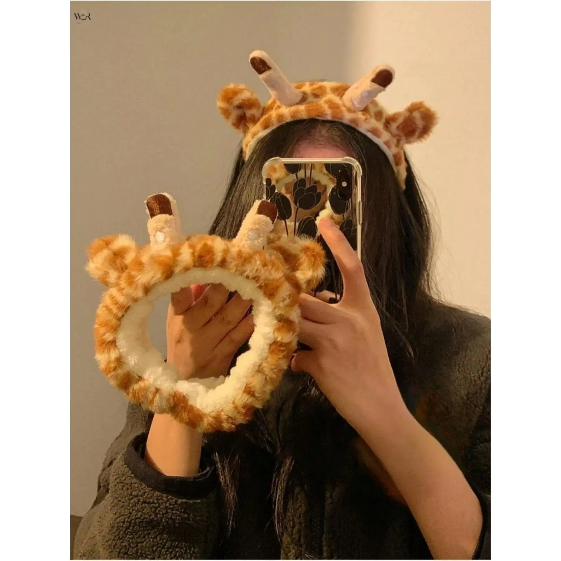 Fleece Plush Cute Animal Headband - Giraffe Spots, Horns & Ears, Leopard Print, Elastic Stretch 12.5cm Hair Band for Skincare, Shower Fashion Hair Accessory, One Size