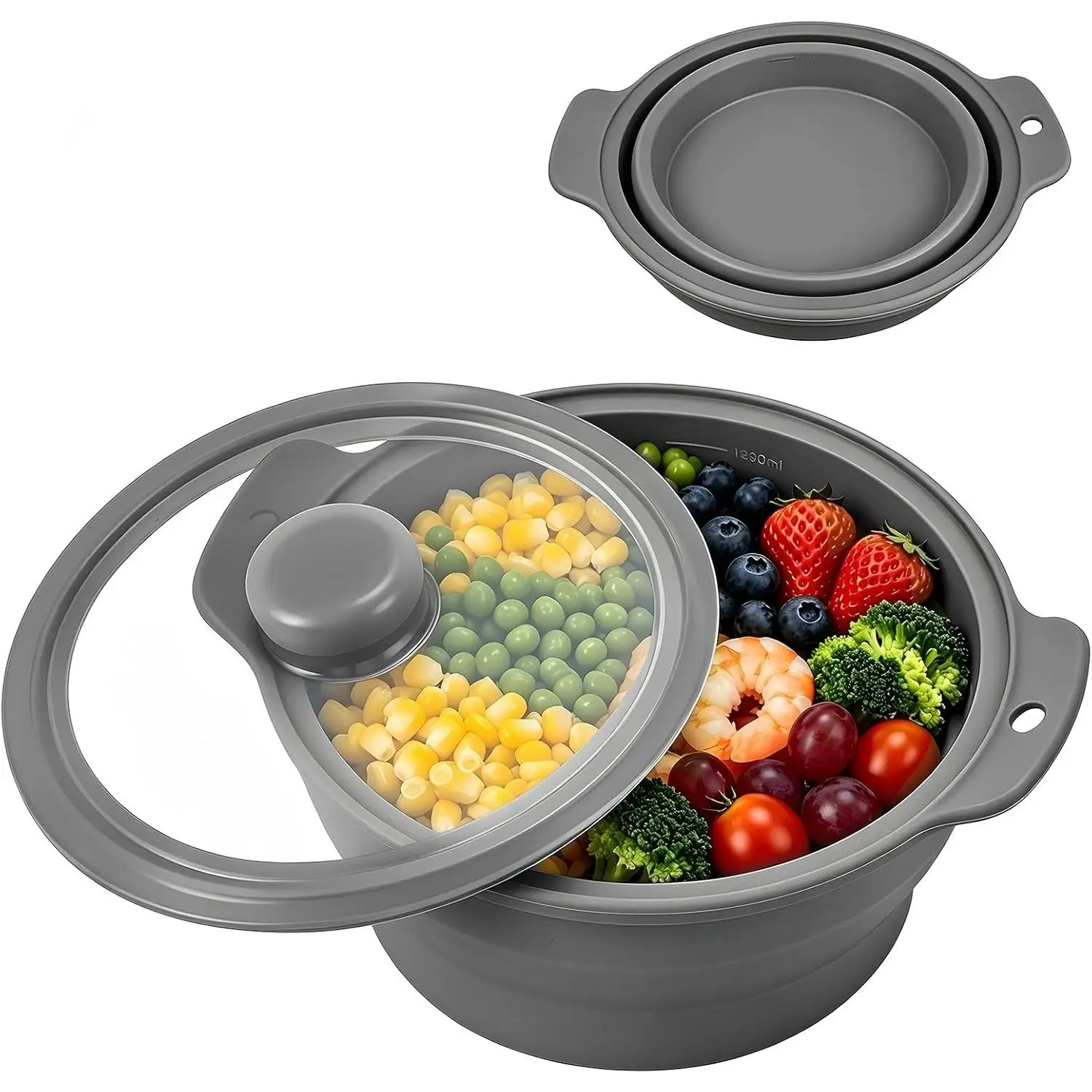 42oz Grey Collapsible Silicone Microwave Steamer - Food Grade Foldable Silicone Cooking Container, BPA-Free Heat Resistant Steam Pot, Dishwasher Safe