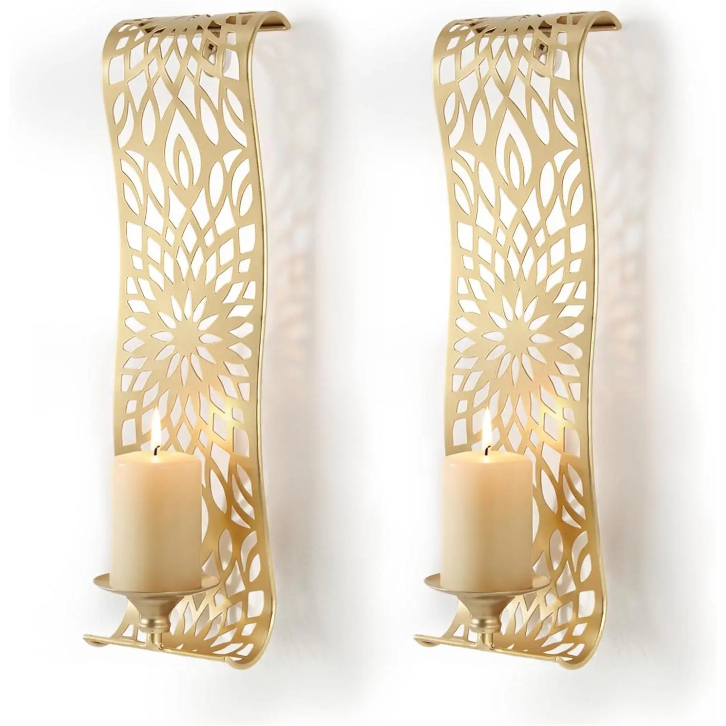 2-Piece Antique Gold Metallic Hollow Decorative Wall Sconces, Rustic Metal Pillar Candle Holders for Farmhouse Decor, Hallway Wall Accent, Living Room, Light Up Your Space