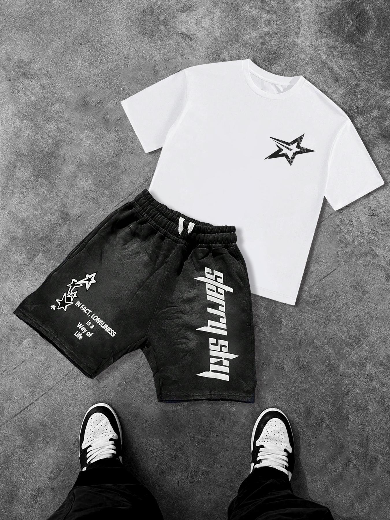 Two-Piece Set Men's Star Print Knit Short Sleeve Tee & Drawstring Waist Shorts Set, Regular Fit Casual Round Neck T-shirt & Track Shorts, Men's Summer Clothes