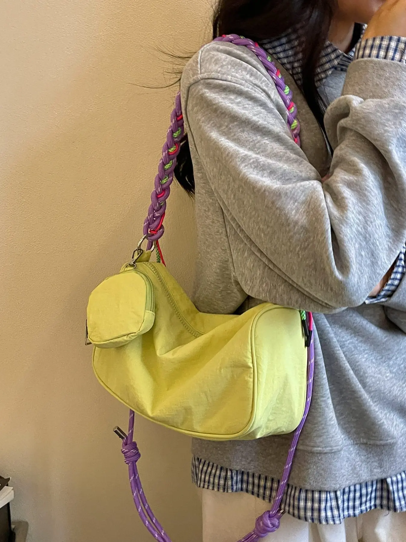 Pastel Nylon Shoulder Bag, Colorful Braided Strap, Mini Underarm Hobo Bag, Detachable Crossbody, Y2K Aesthetic Handbag for Women, Casual Trendy Bag