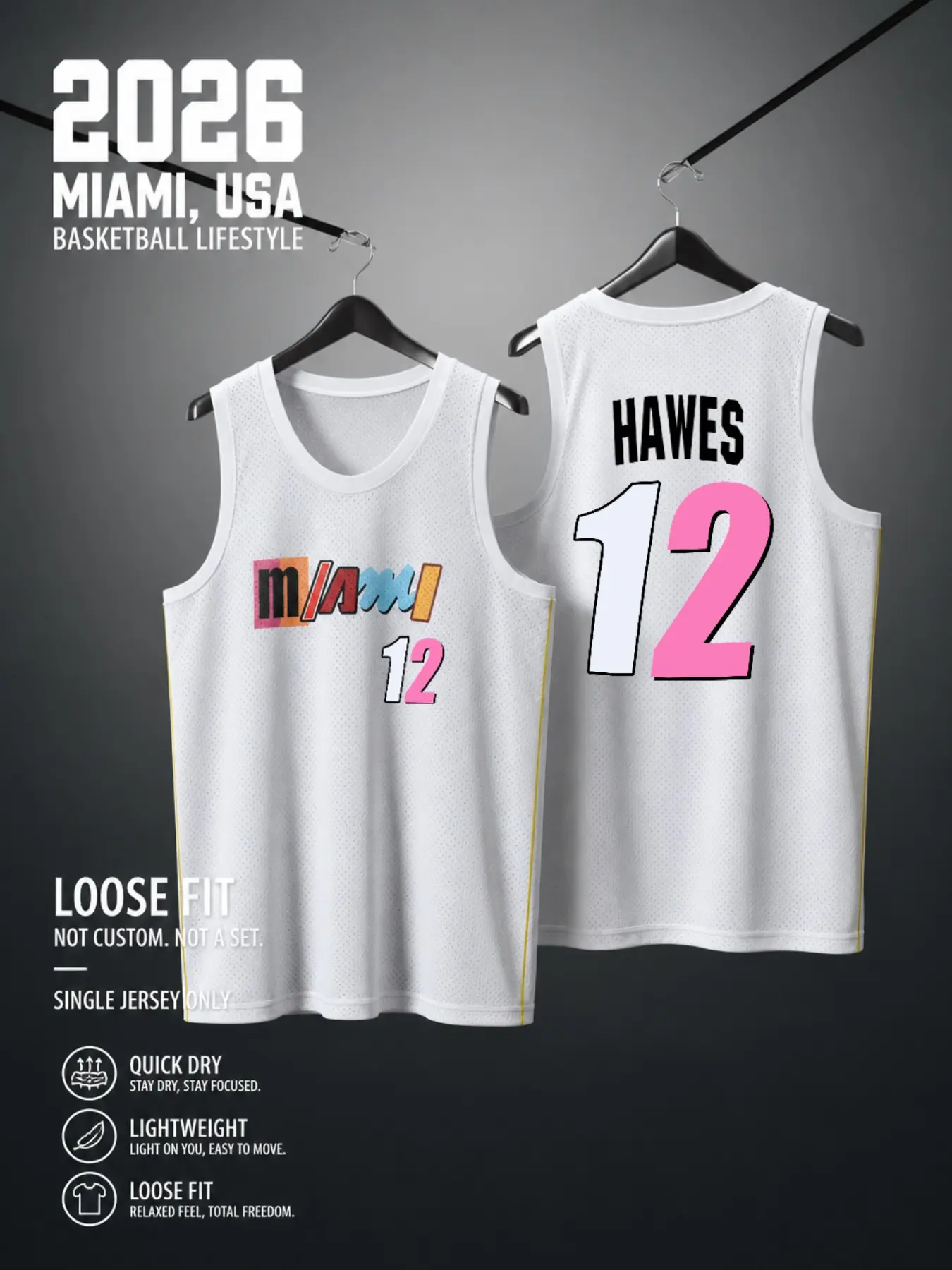 Miami Men's Letter Print Sleeveless Basketball Jersey, Mesh Vest with Side Stripes, Sporty Slim-Fit for Streetwear and Training