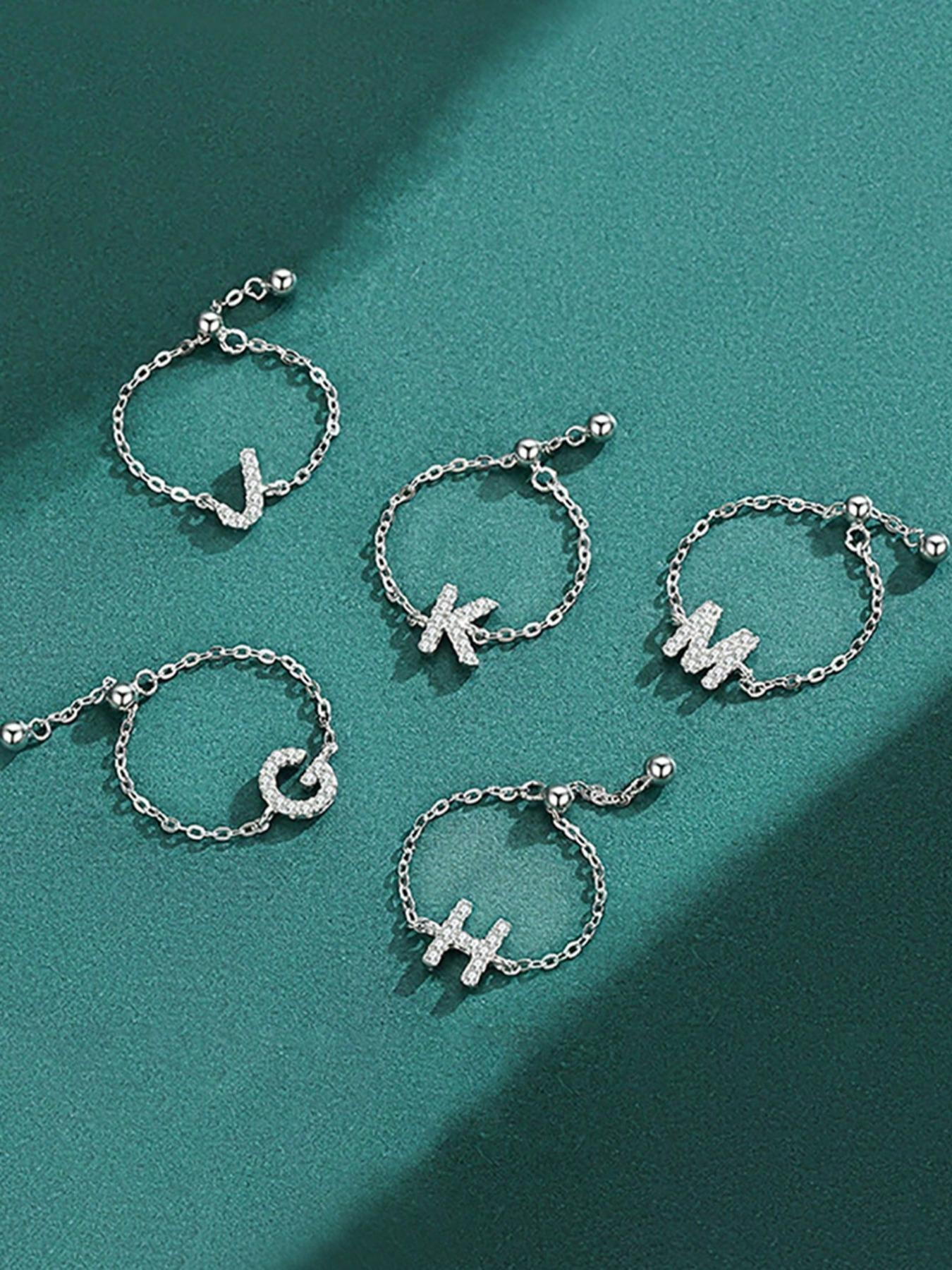 S925 Sterling Silver Initials Designed Artificial Zircon Decor Adjustable Chain Ring, Alphabet Design Ring, Personalized Daily Wear Ring, Fine Jewelry for Dating, Party, Wedding, Engagement, Anniversary Gift, Adjustable Rings