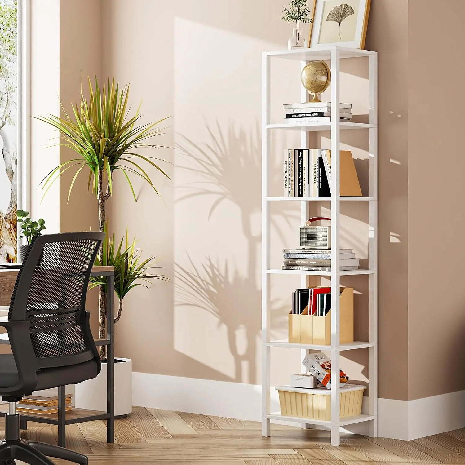 Industrial White 6-Tier Tall Narrow Bookshelf - DIY Stackable Books Organizer for Small Spaces, Living Room, Office - BS01BW006