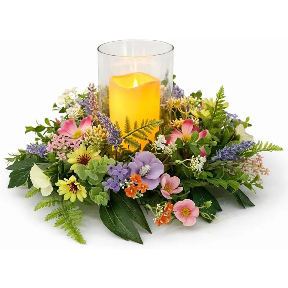 Floral Candle Holder Centerpiece for Table, Glass Hurricane with Detachable Small Floral Wreath, Farmhouse Spring Centerpiece for Dining Table, Wedding, Home Decor