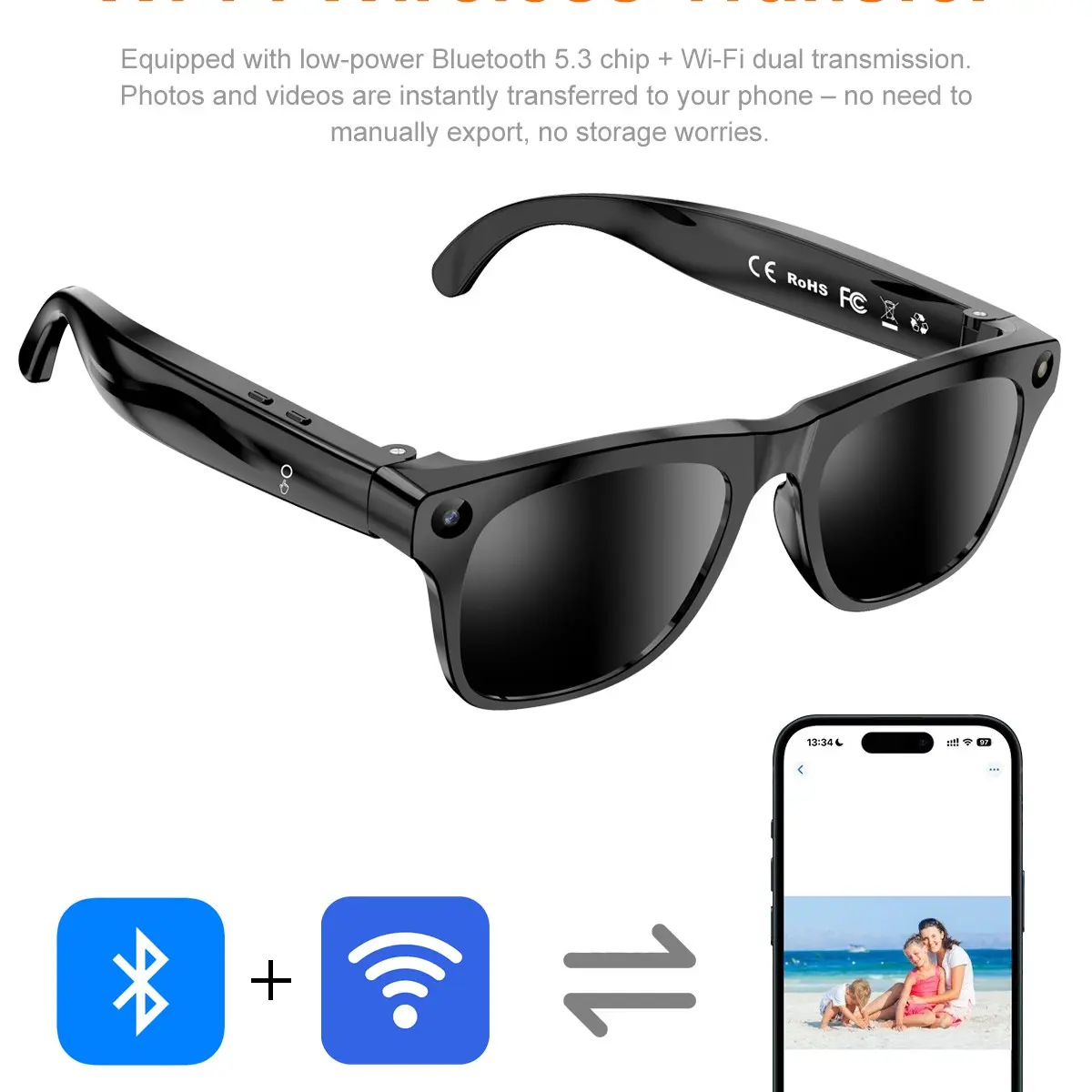 Ai Smart Glasses Xkone 1080P Camera Bluetooth-compatible Music Player, Noise Reduction Blue Light Blocking, 290mah Battery, Unisex Daily Driving Travel