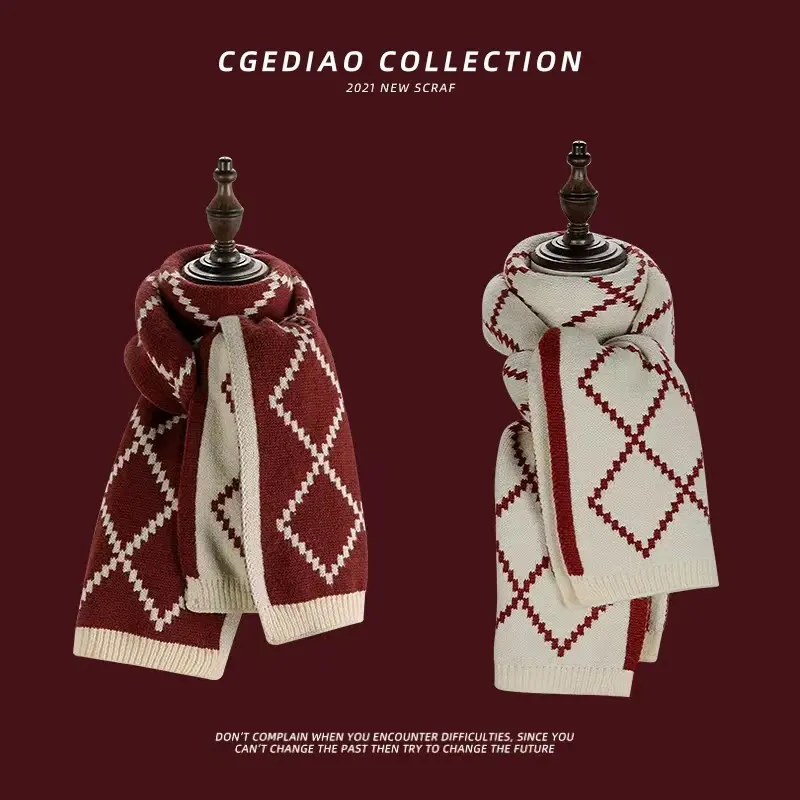 Girls' Argyle Knit Scarf, Diamond Grid Design, Ribbed Edge, Snug Wrap, Double-Sided Versatile Thick Wool Neckwear for Winter Sports & Outdoor Cricket Fan Use