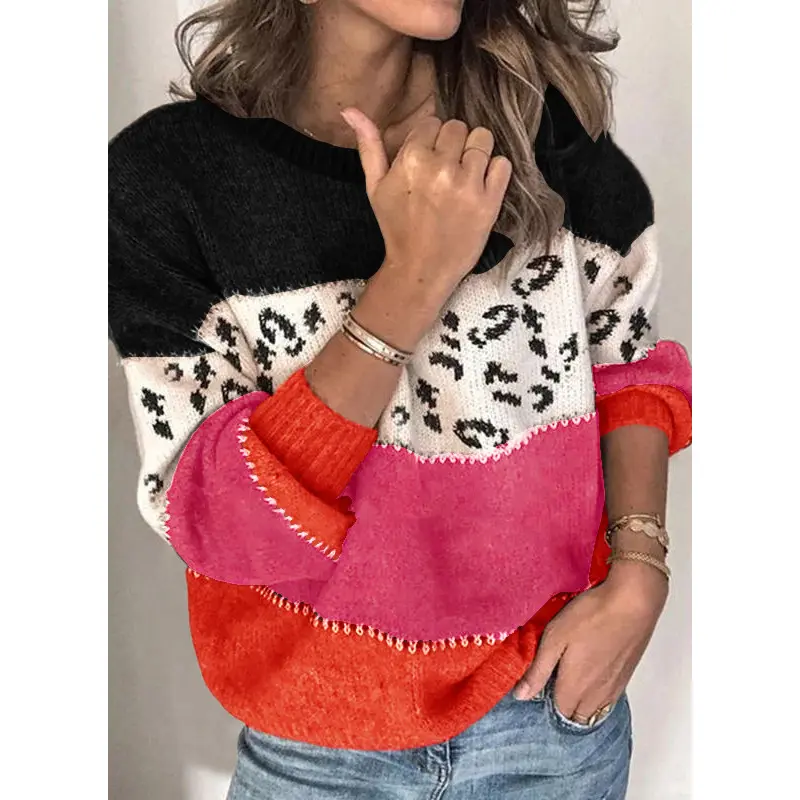 Women Crew Neck Color Block Leopard Print Knit Sweater, Oversized Patchwork Long Sleeve Pullover Top, Loose Fit Boho Casual Knit Jumper for Fall Daily Street Outfits,womens,fashion,short,aoysky